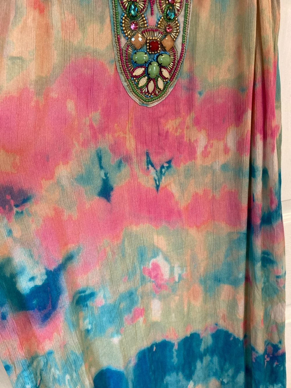 Soft Surroundings Pink, Teal & Cream Beaded Tie-Dye Maxi Verona Dress - Picture 9 of 15